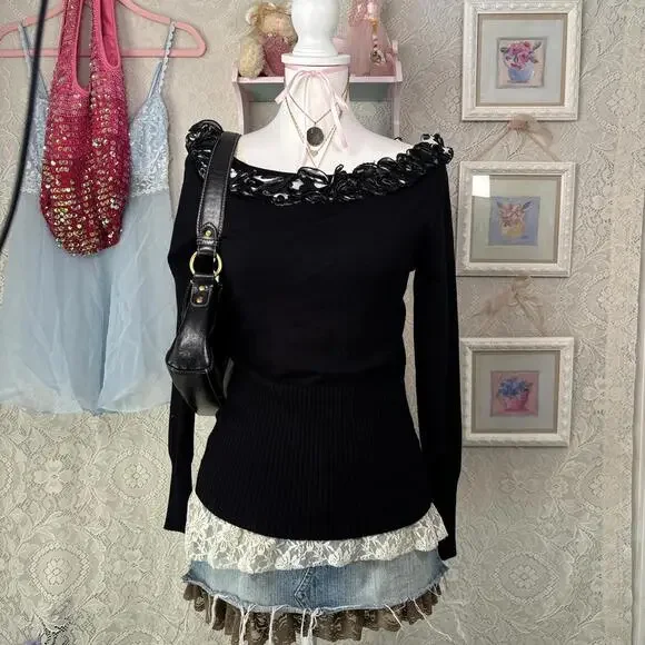 vintage black polka dot‎ grunge off the shoulder top - Picture 5 of 7